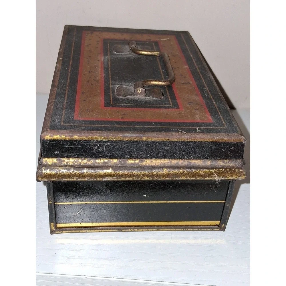Vintage Antique English Made Tin Document Box Cash Box Black Gold Tole Style